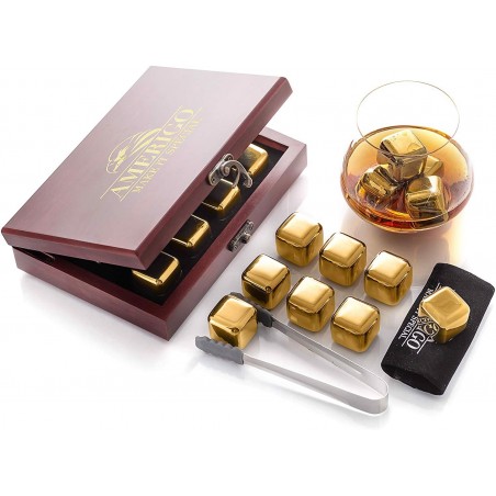 Hộp đá Inox không tan Amerigo Gold Stones Gift, 8 viên, hộp gỗ