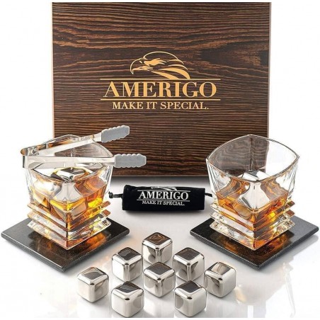 Bộ ly rượu whisky và đá inox không tan Amerigo, 2 ly rượu, 8 viên đá