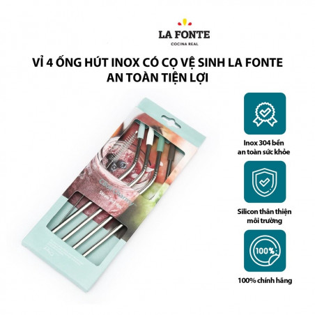 Bộ ống hút Inox cong La Fonte 006699, 4 cái, kèm chổi rửa